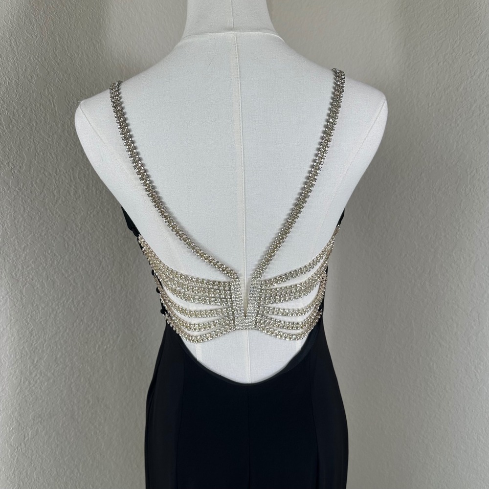 VTG Cache Gown Maxi Formal Dress 4 Black Rhinestone Backless Old Hollywood Y2K